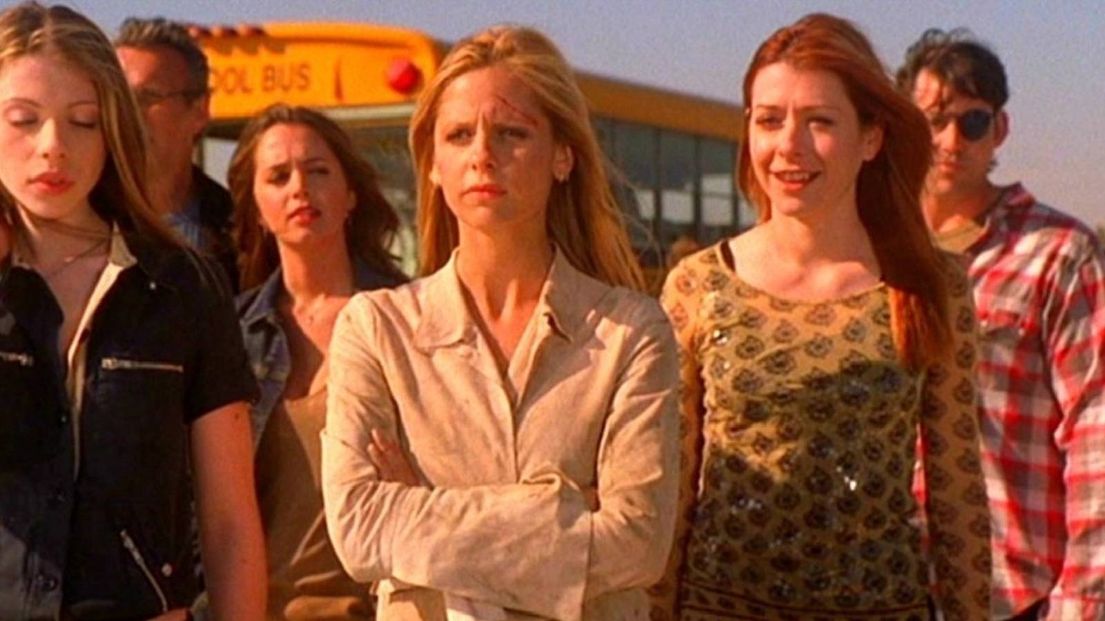 Dawn, Giles, Faith, Buffy, Willow, and Xander in Buffy The Vampire Slayer series finale