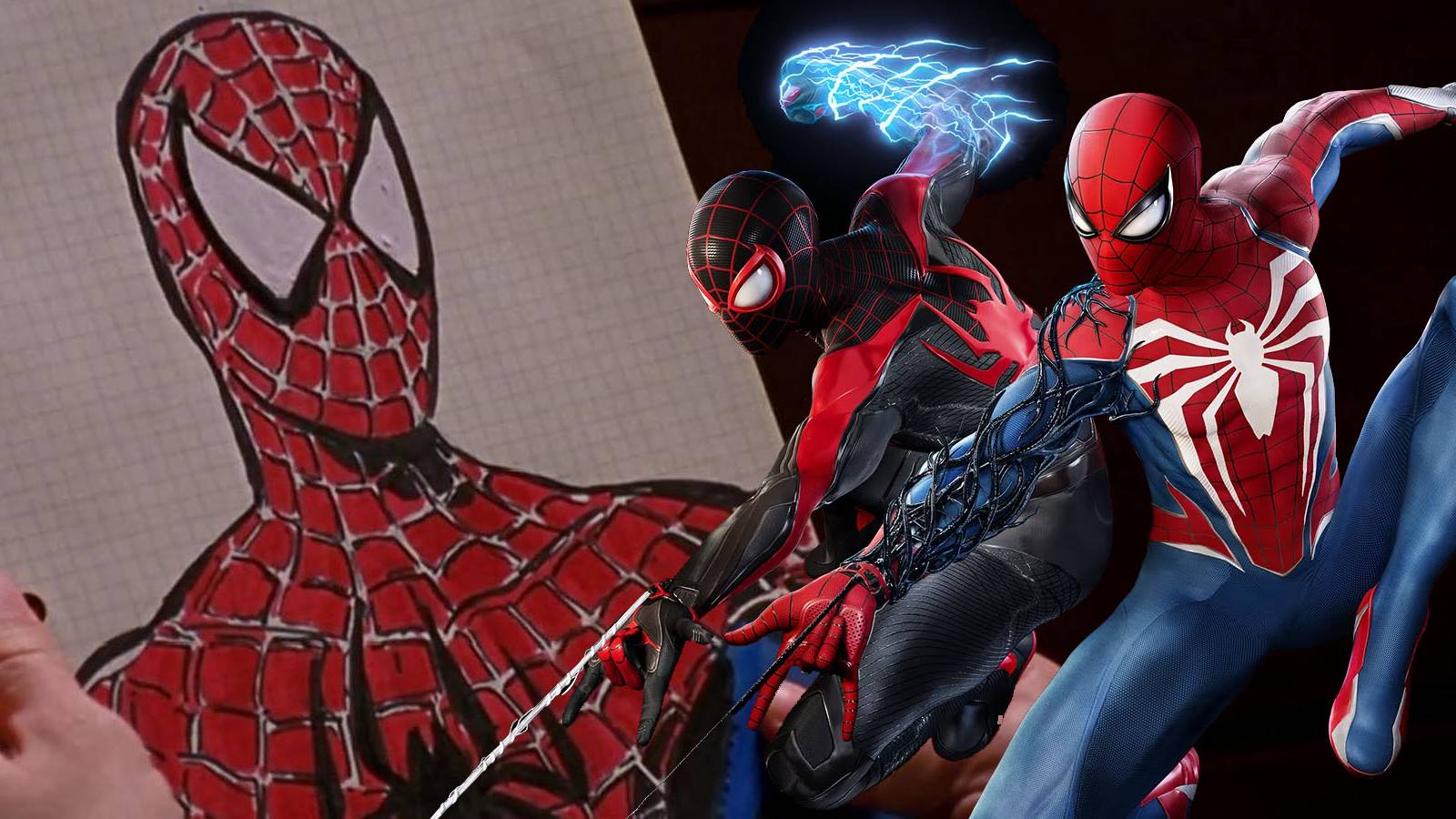 A screenshot of Peter Parker's costume sketch from the 2002 Spider-Man movie, with Peter and Miles from Marvel's Spider-Man 2 inserted on the side.