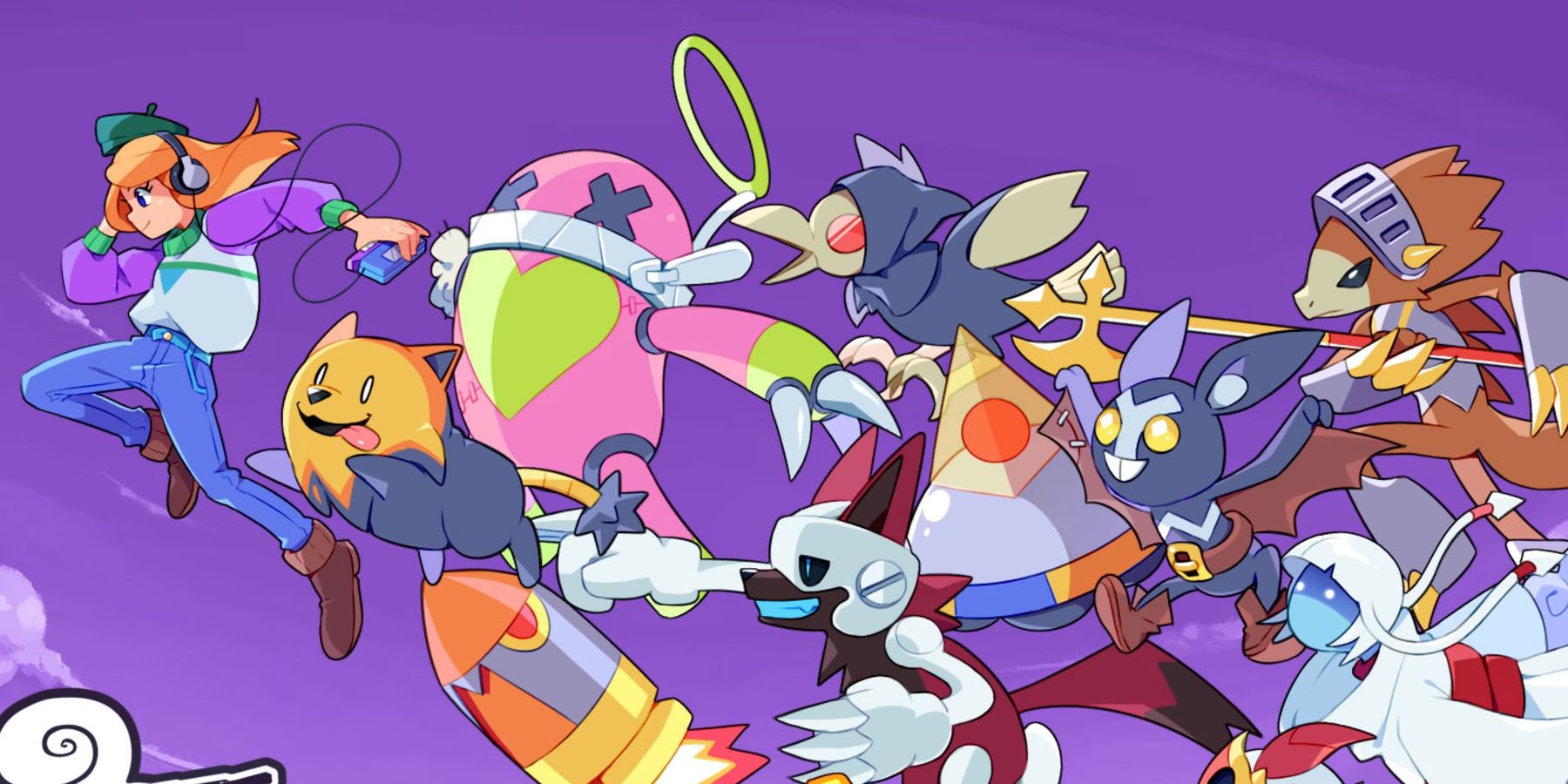 A promotional image of various Cassette Beasts characters against a purple background.