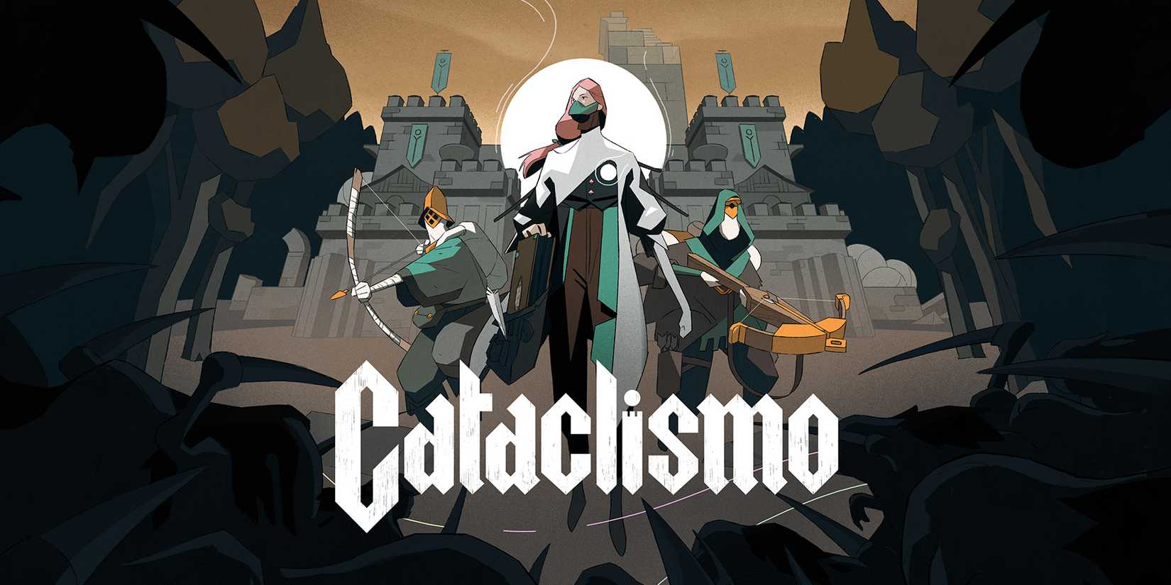 Cataclismo logo and key art with three characters from the game