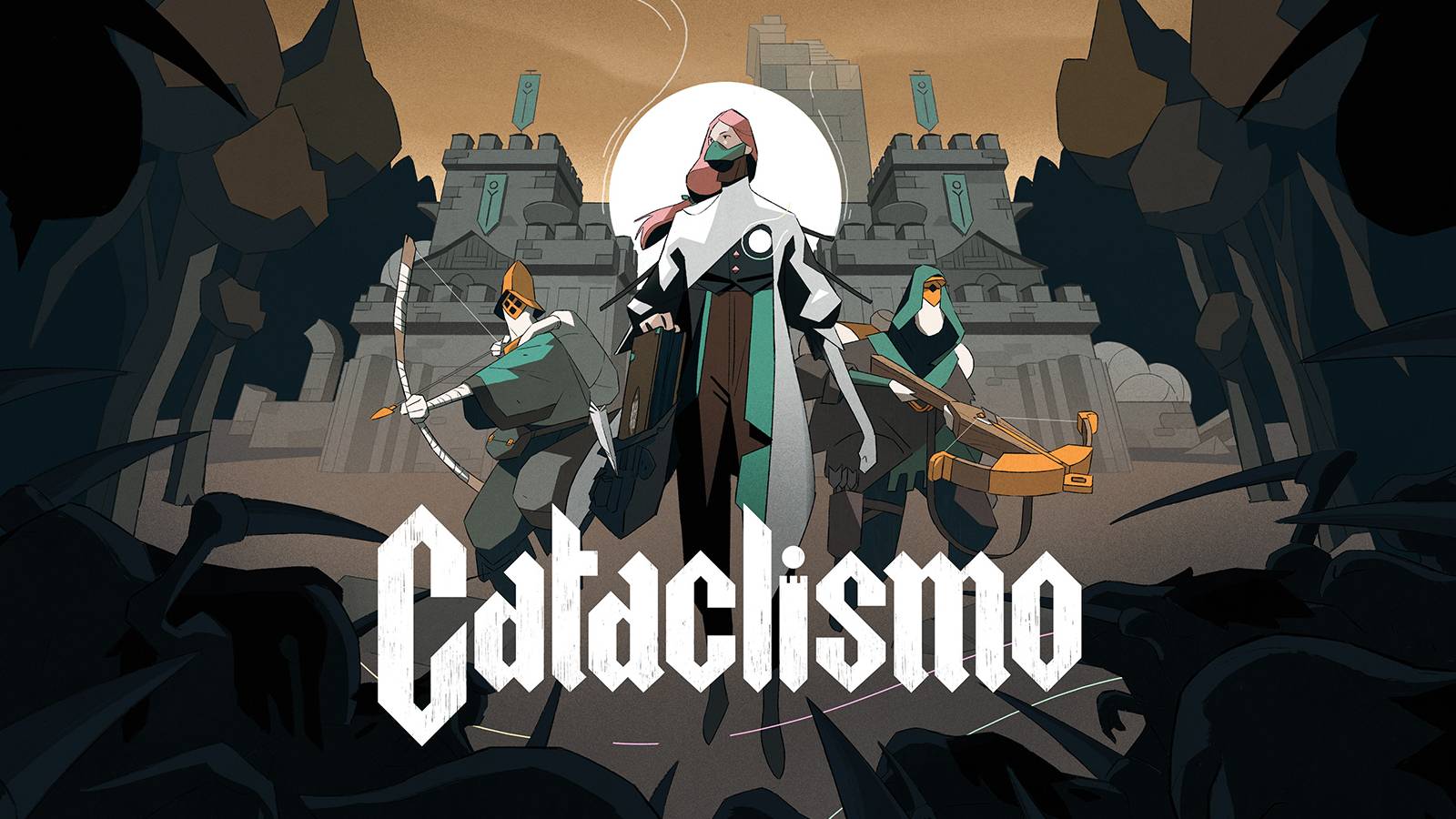 Cataclismo logo and key art with three characters from the game
