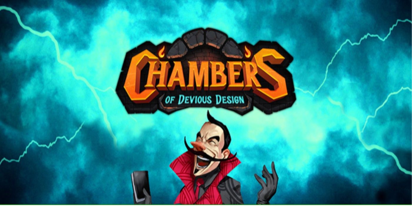 Chambers Of Devious Design title card, evil man laughing maniacally in front of lightning clouds