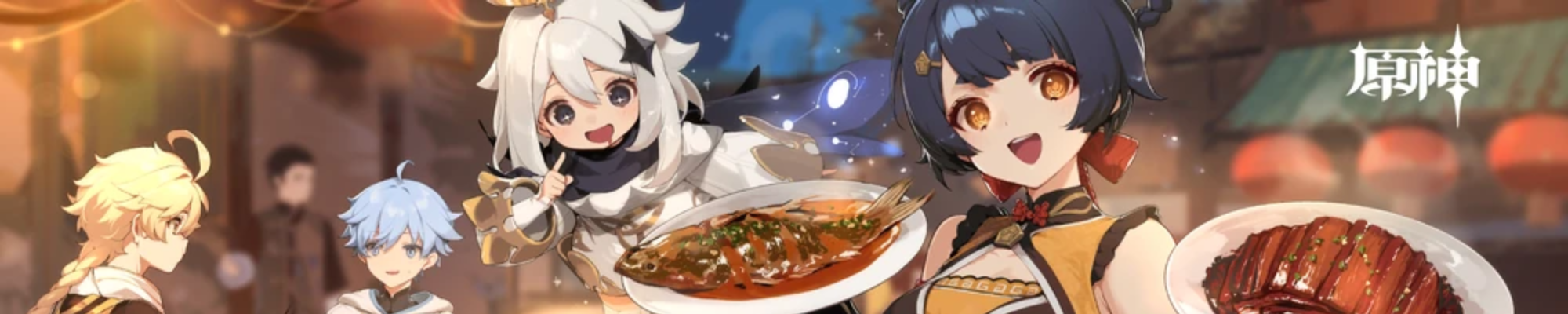 an image of xiangling from genshin impact serving up two food dishes, with paimon looking at one of them and aether and chongyun sitting at a table in the background - released for chinese new year 2022