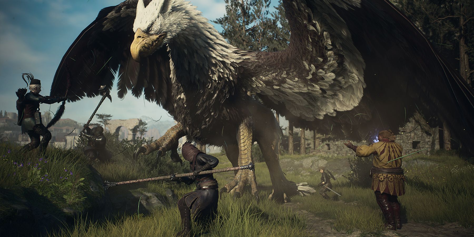 Characters fighting a Gryphon in Dragon's Dogma 2