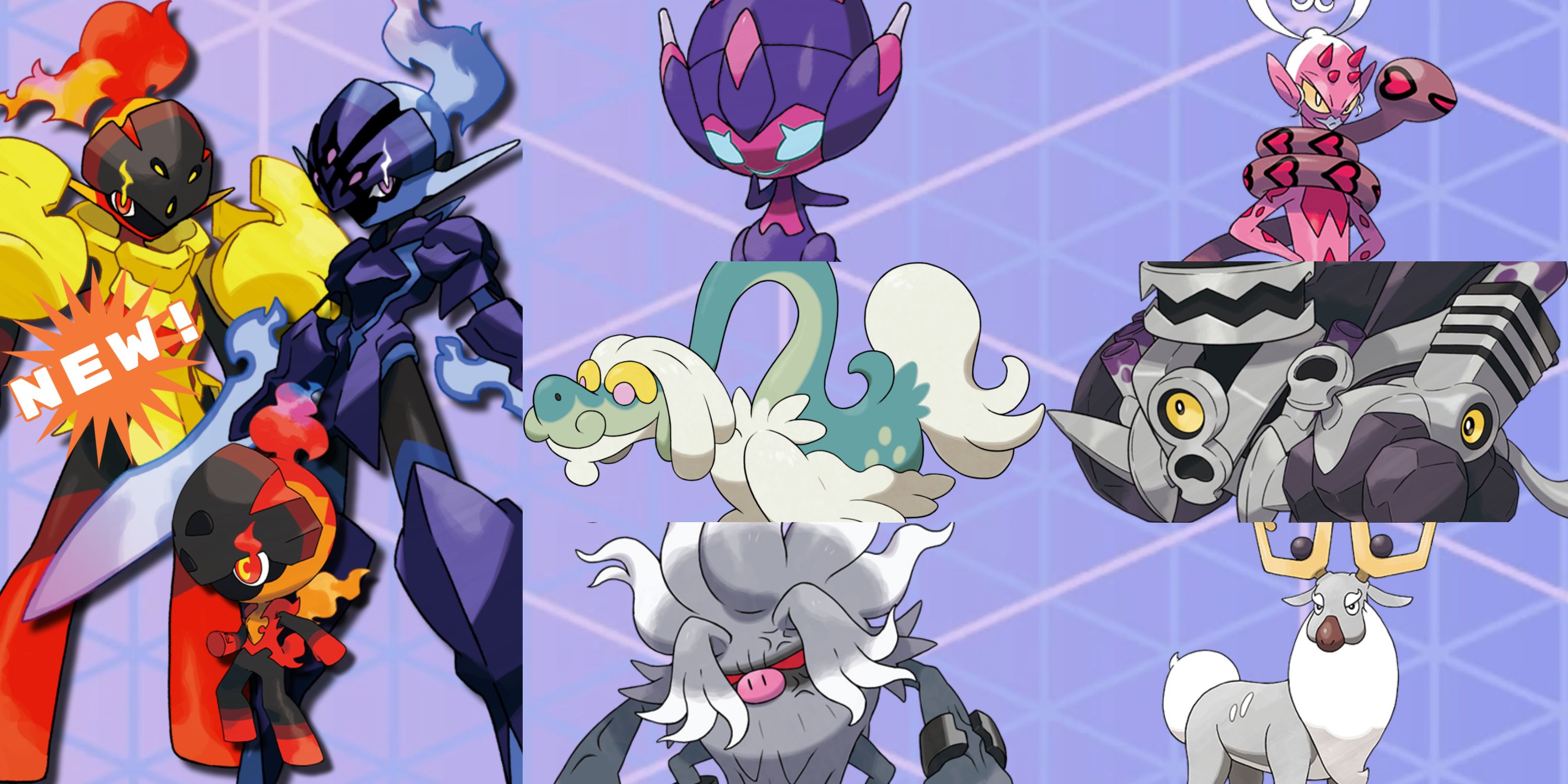 an image collage of the most recently added pokemon in pokemon go, with ceruledge, armarouge, and charcadet being the newest and the most prominently displayed