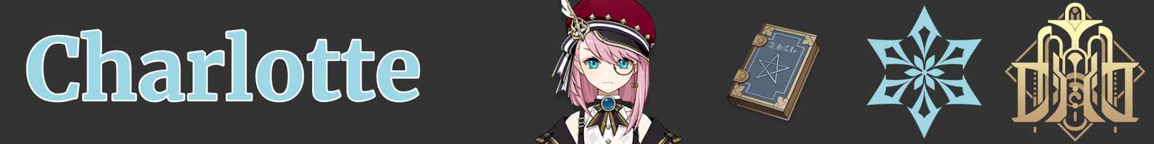 a narrow image strip with icons representing charlotte's weapon, element, and region - catalyst cryo fontaine - genshin impact