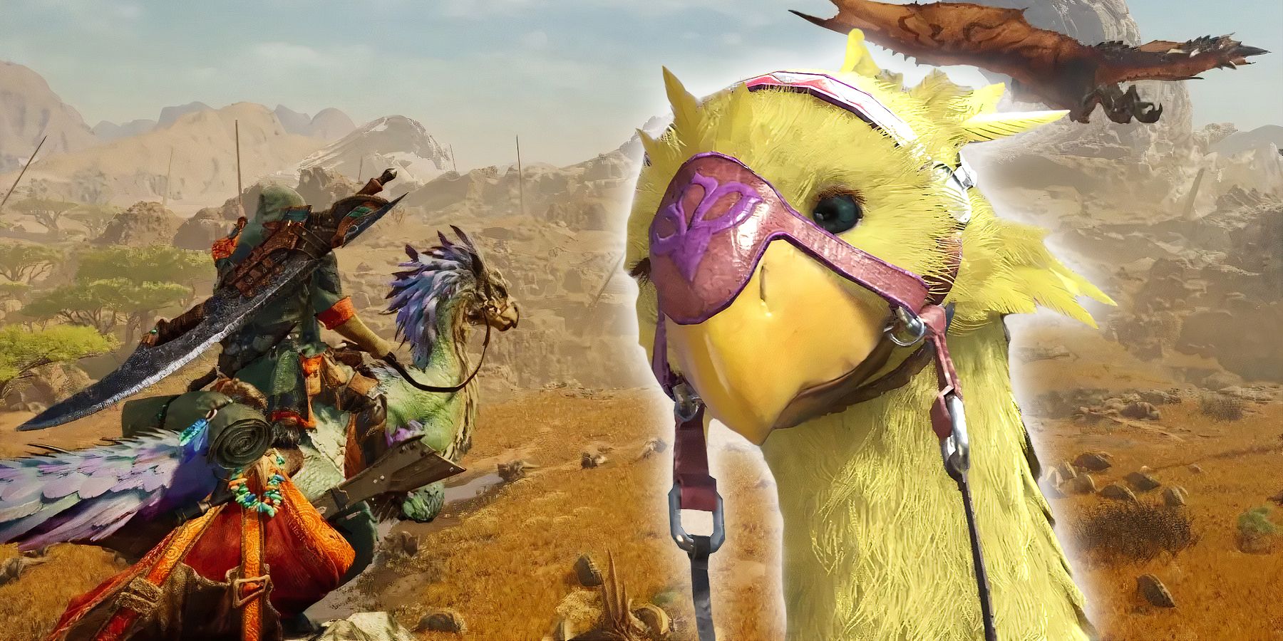 Chocobo from Final Fantasy 7 Rebirth over Monster Hunter Wilds background