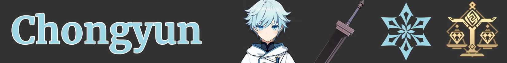 a narrow image strip with icons representing chongyun's weapon, element, and region - claymore cryo liyue - genshin impact