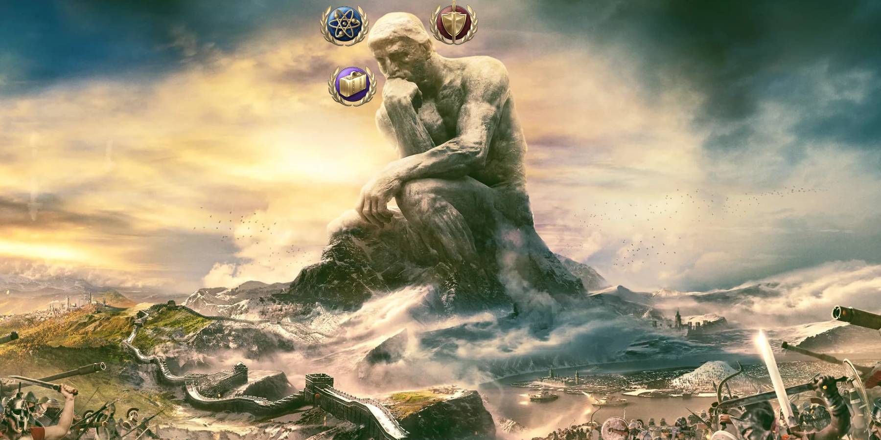 Civilization 6 art of the Thinker surrounded by the icons for Science, Culture, and Domination victories.