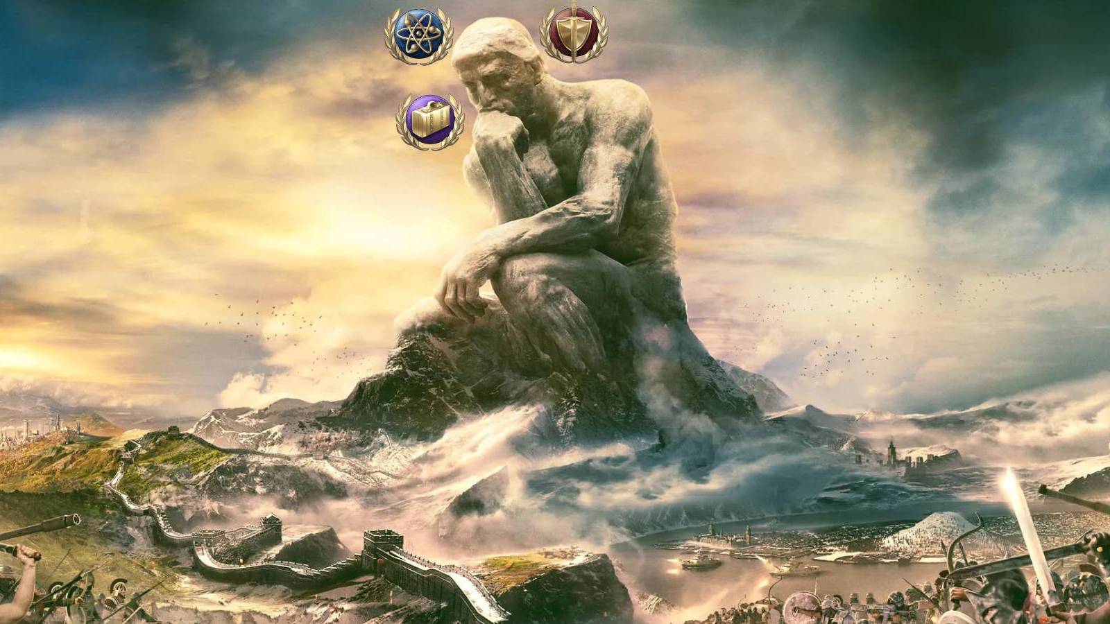 Civilization 6 art of the Thinker surrounded by the icons for Science, Culture, and Domination victories.