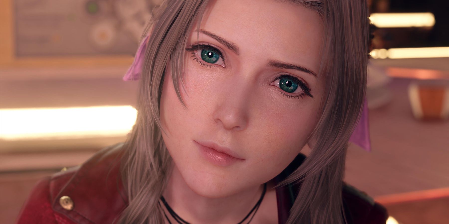 Closeup of Aerith in Final Fantasy 7 Rebirth