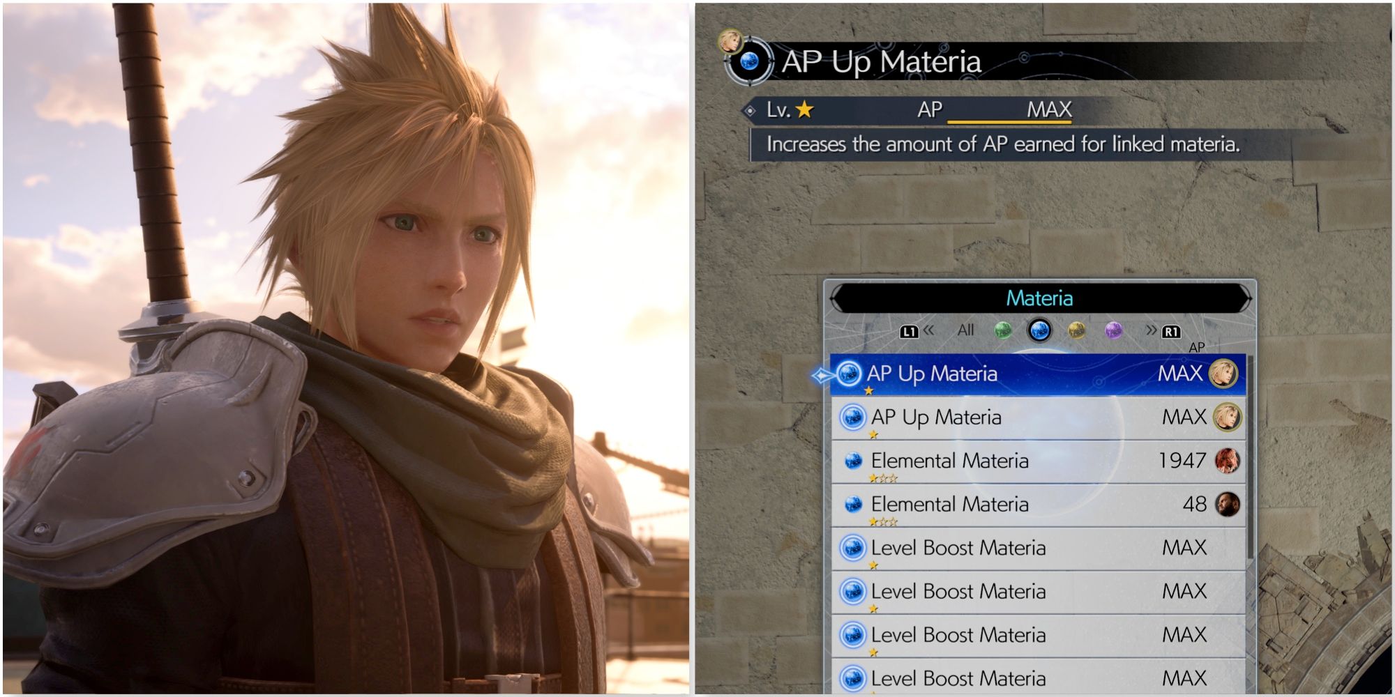 Cloud and AP Up Materia in Final Fantasy 7 Rebirth