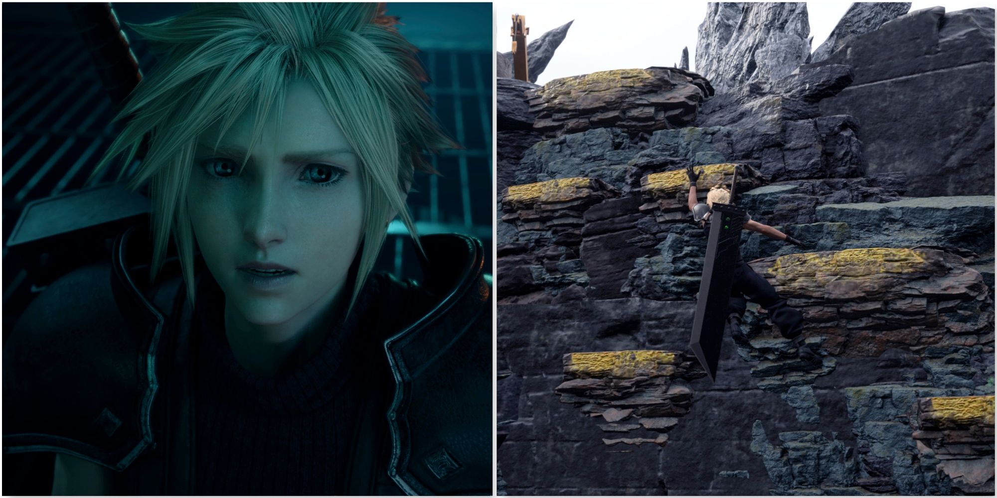 Cloud and Climbing a cliff in Final Fantasy 7 Rebirth