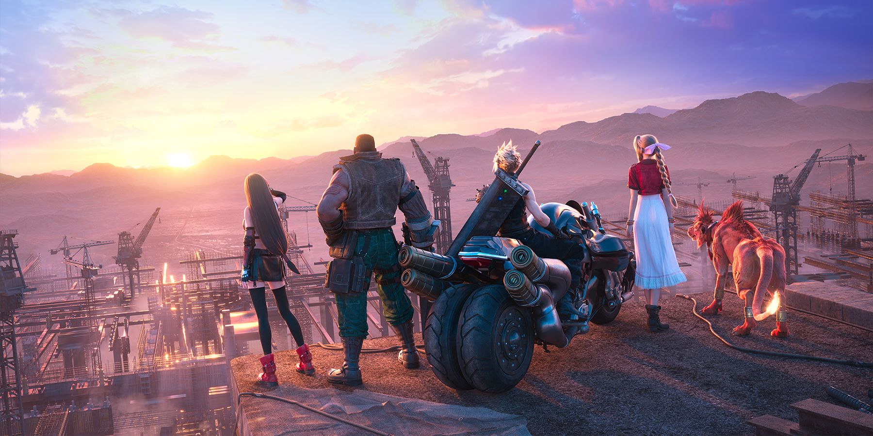 Cloud and friends looking out at the sunset in Final Fantasy 7 Remake
