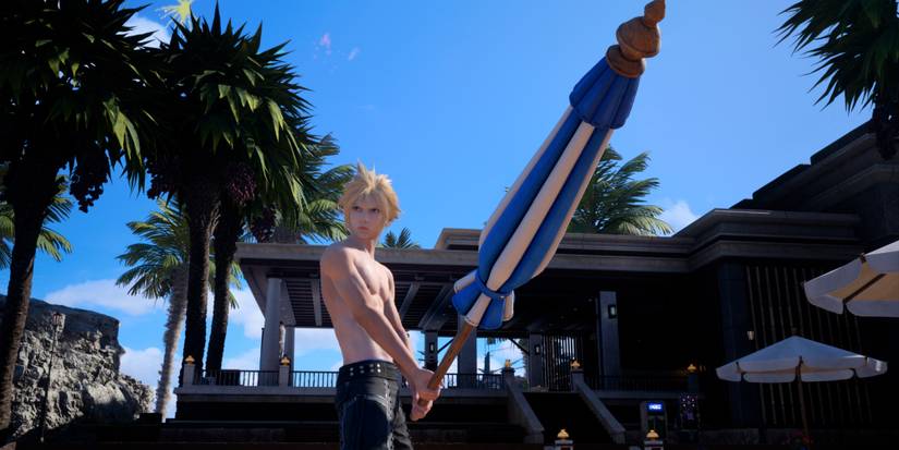 Cloud with an umbrella in Final Fantasy 7 Rebirth