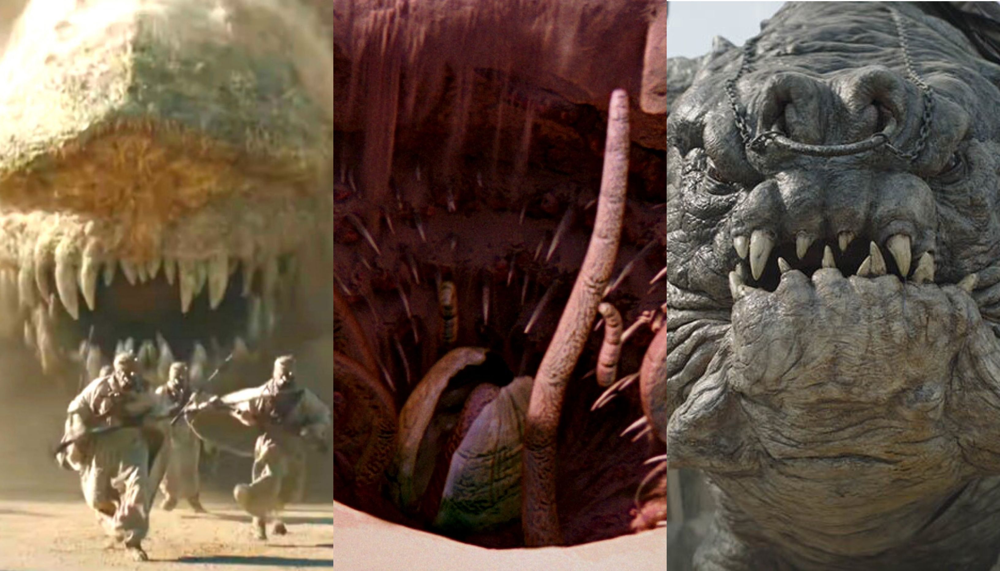 Scariest Star Wars Monsters: krayt dragon (left), sarlacc (middle), and rancor (right)