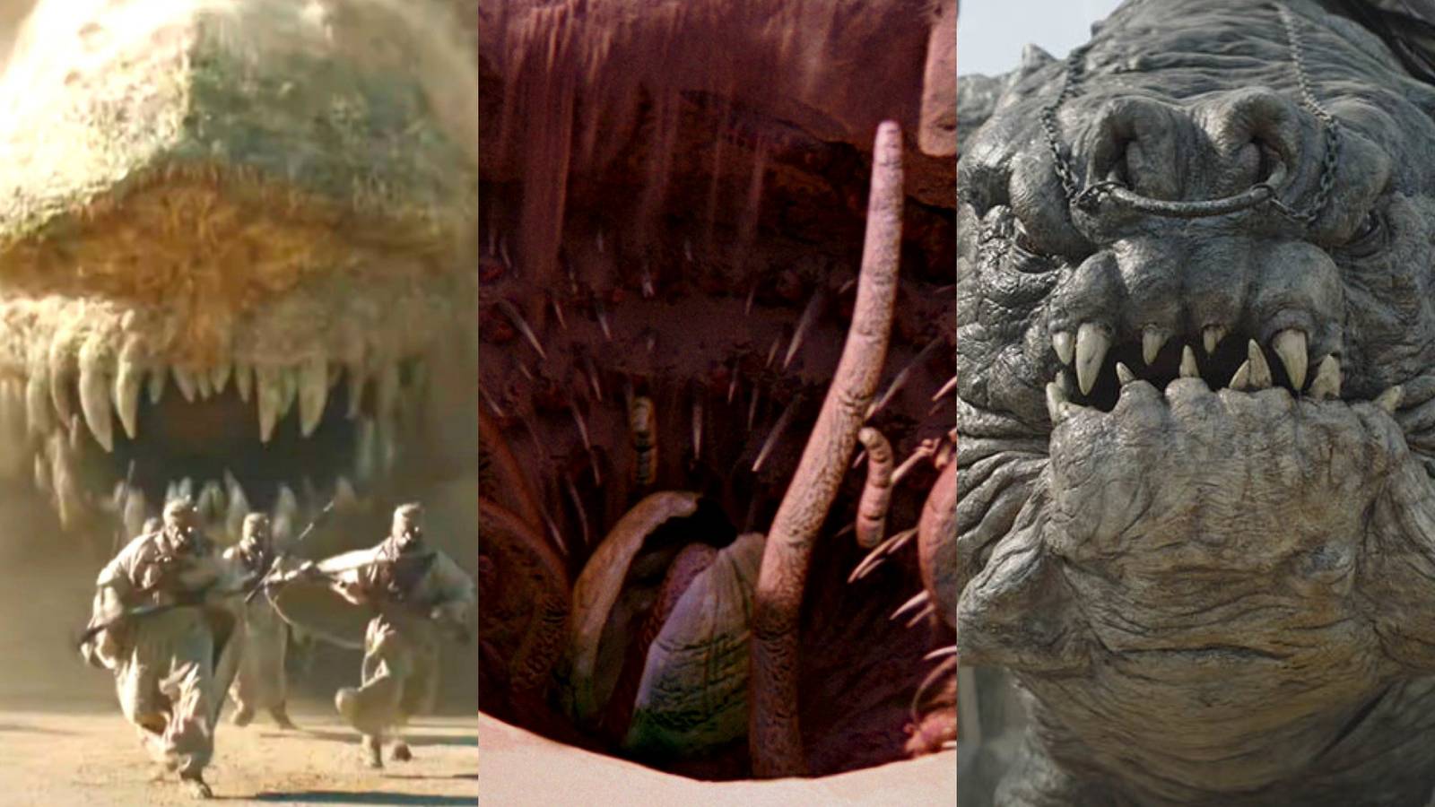 Scariest Star Wars Monsters: krayt dragon (left), sarlacc (middle), and rancor (right)
