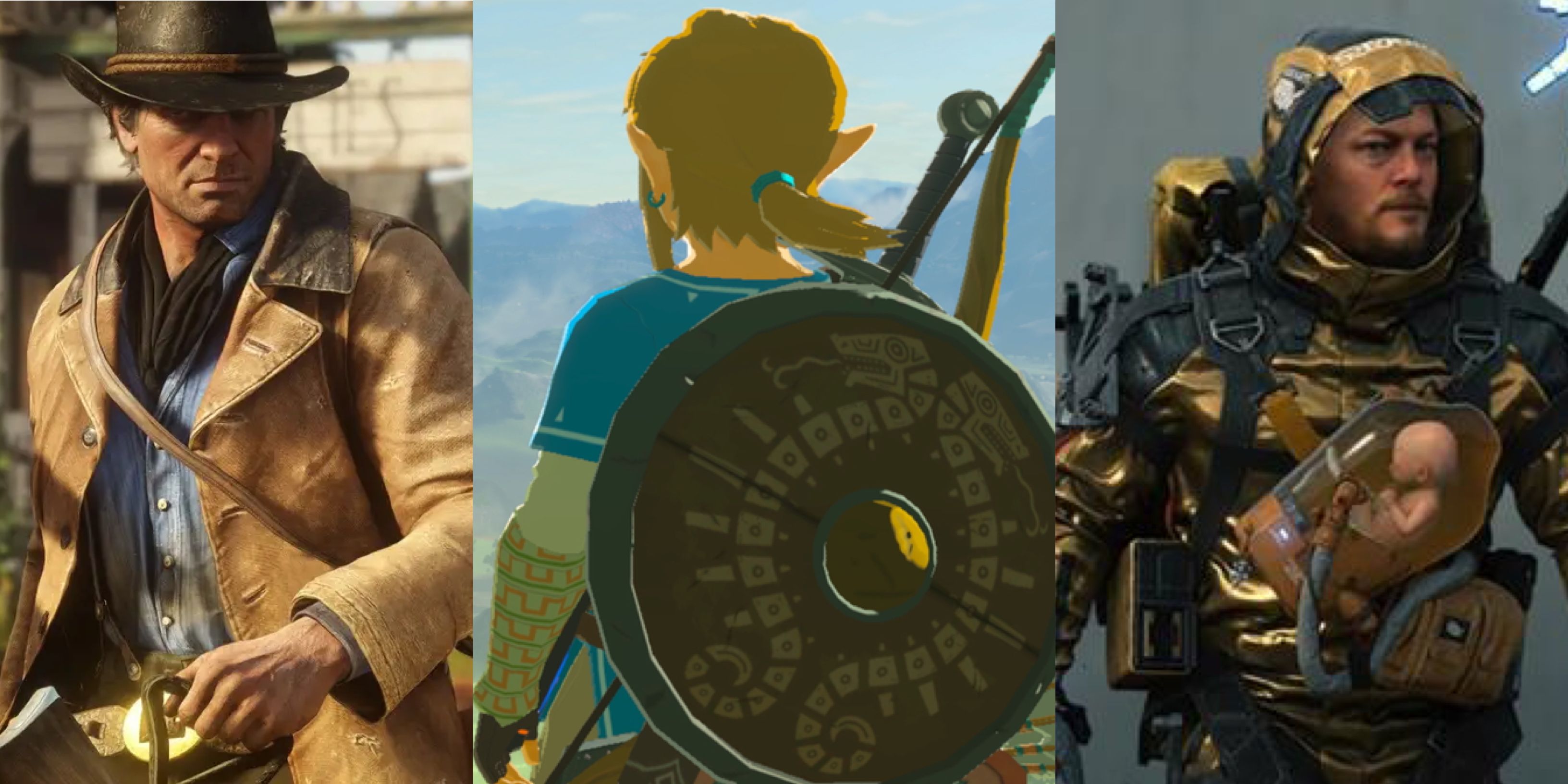 Open-World Games That You Feel Small: Red Dead Rdemption 2 (left), The Legend of Zelda (middle), and Death Stranding (right)
