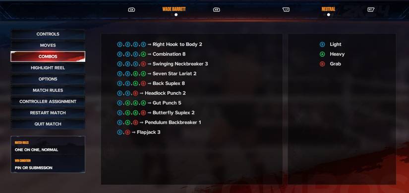 combos menu in wwe 2k24