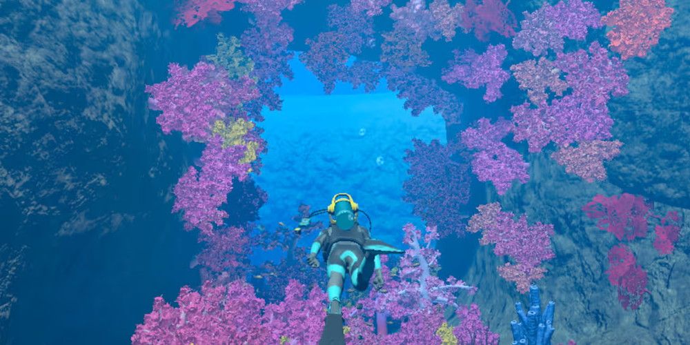 A diver swims through a ring of brightly colored coral. Image source: Nintendo
