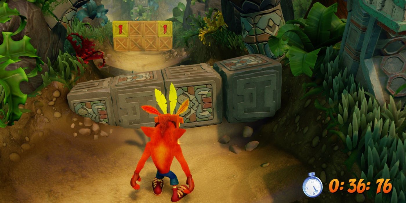 Crash Bandicoot standing in front of boxes