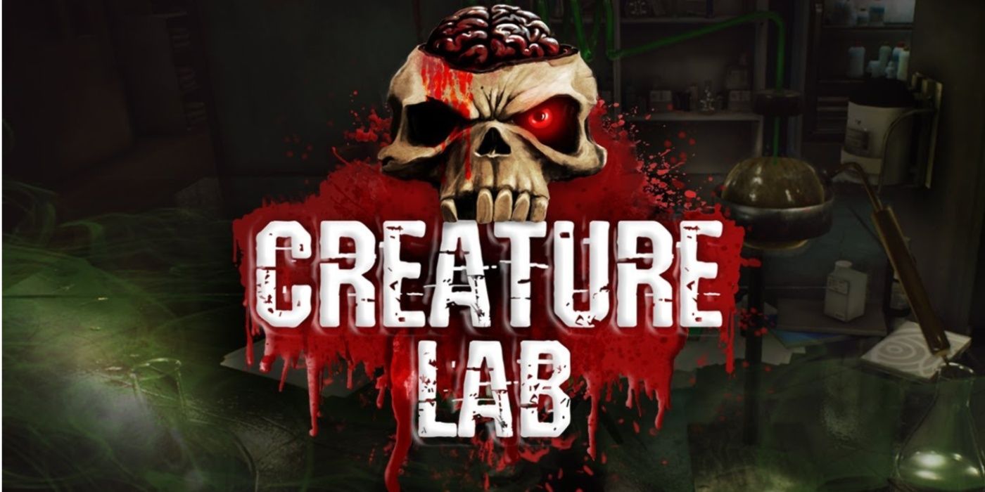 Creature Lab title card, one-eyed skull with brain exposed staring at viewer, lab in background