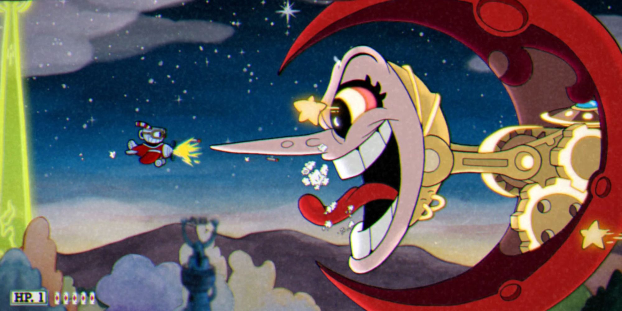 Cuphead fighting Hilda Berg in an airplane