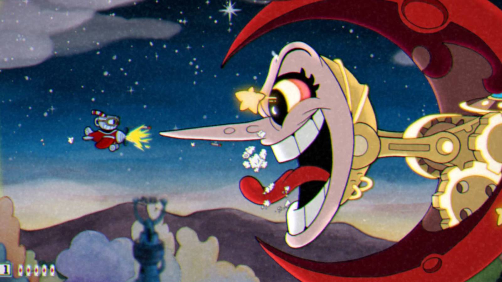 Cuphead fighting Hilda Berg in an airplane