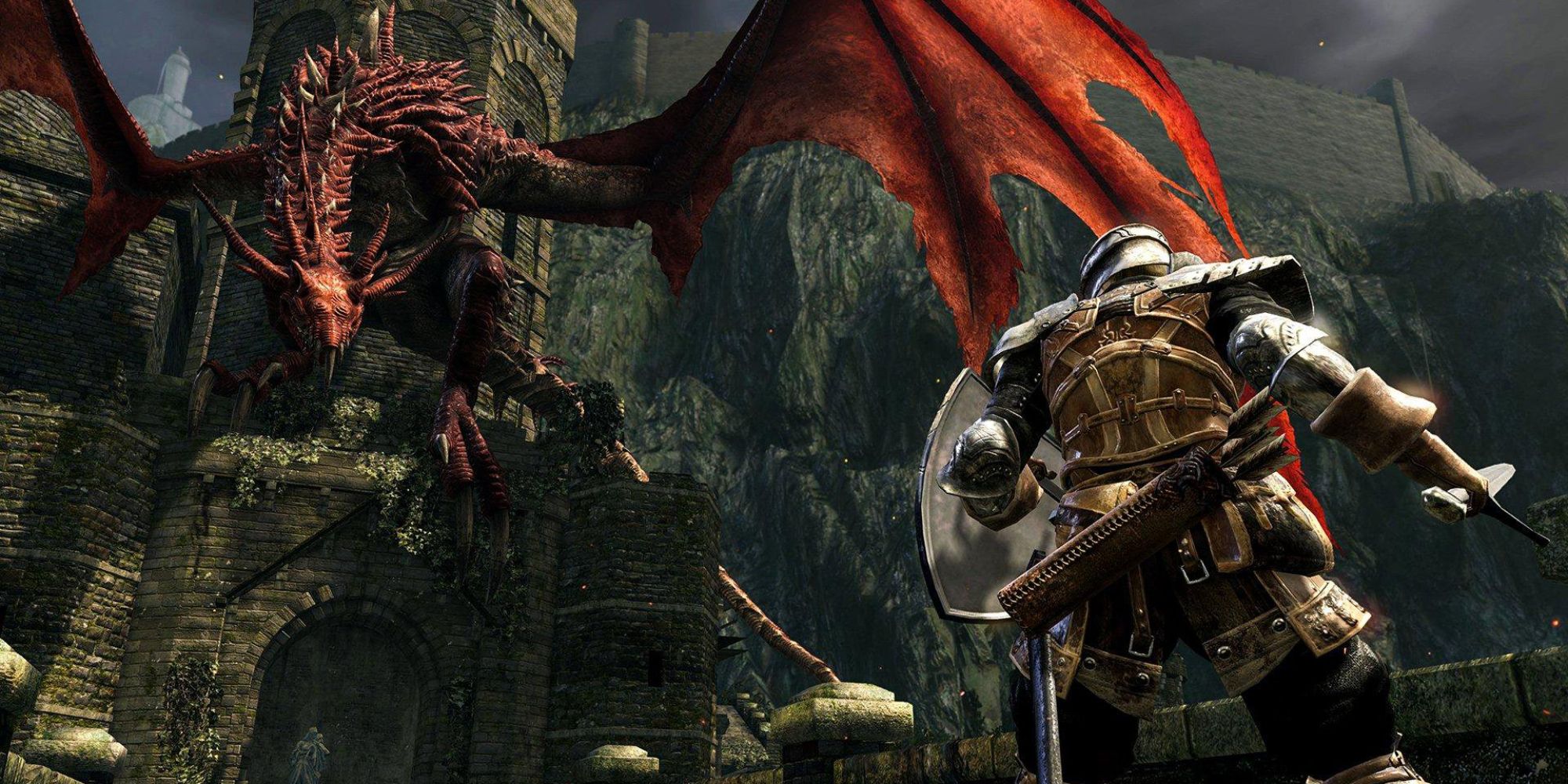 A Dark Souls player facing a red dragon