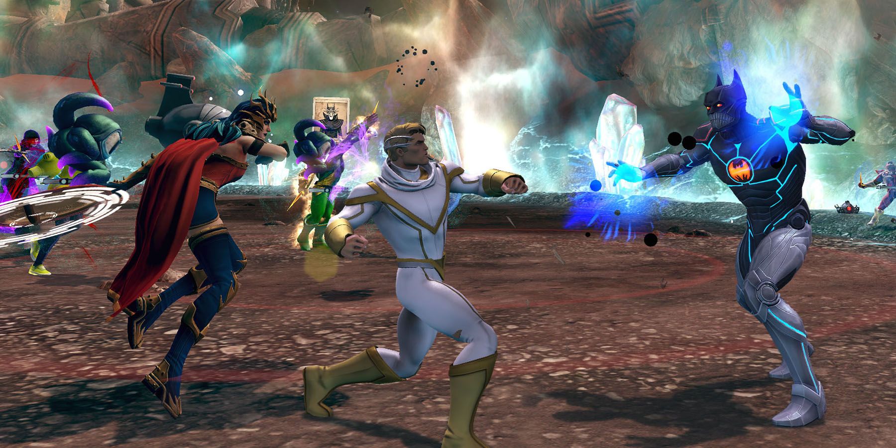 A screenshot of various custom heroes and villains battling in DC Universe Online.