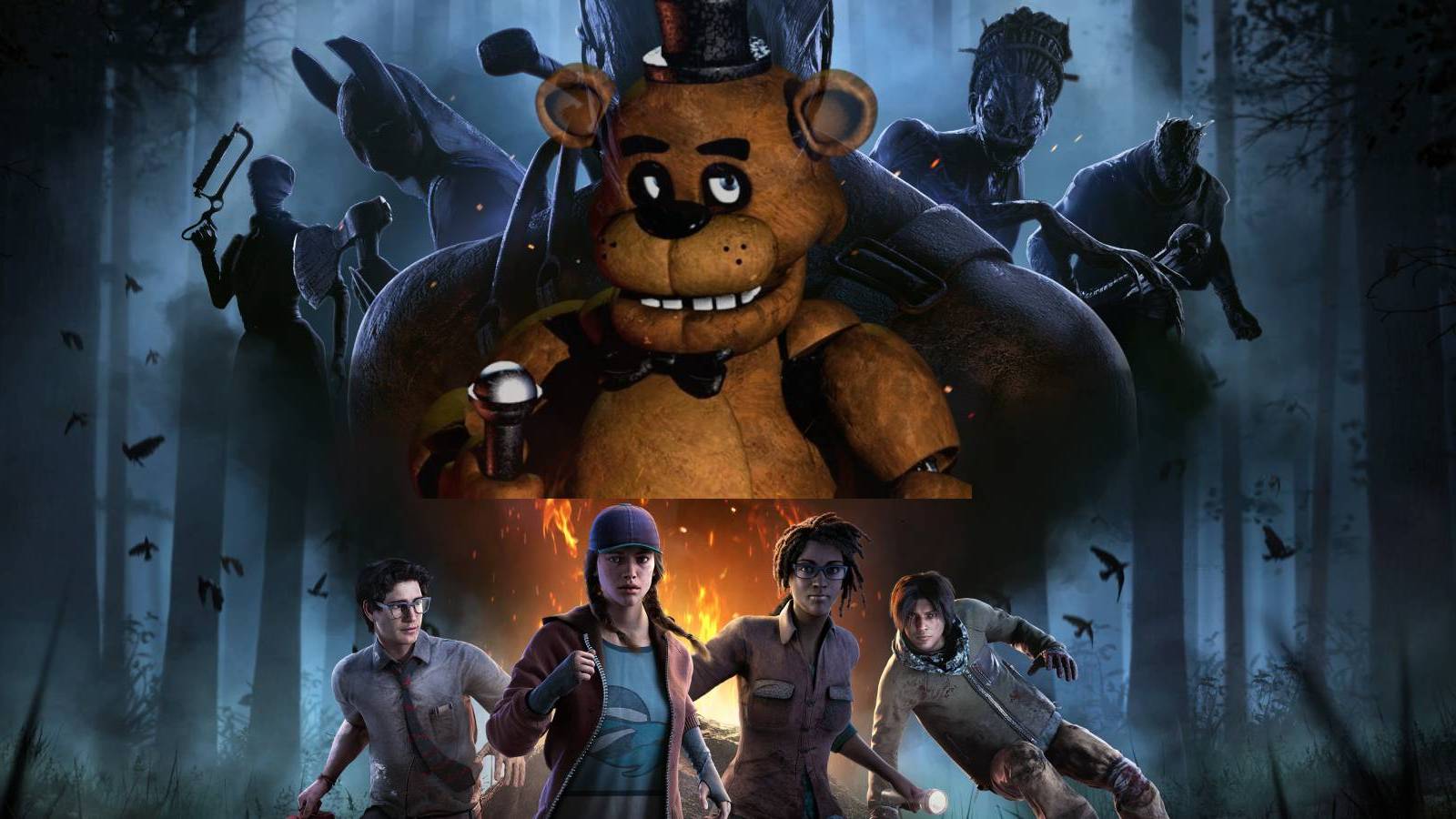 A semi-transparent Freddy Fazbear over the box art for Dead by Daylight