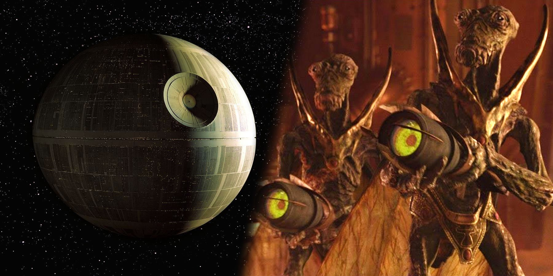 The Death Star from Star Wars and two Geonosian aliens holding blasters