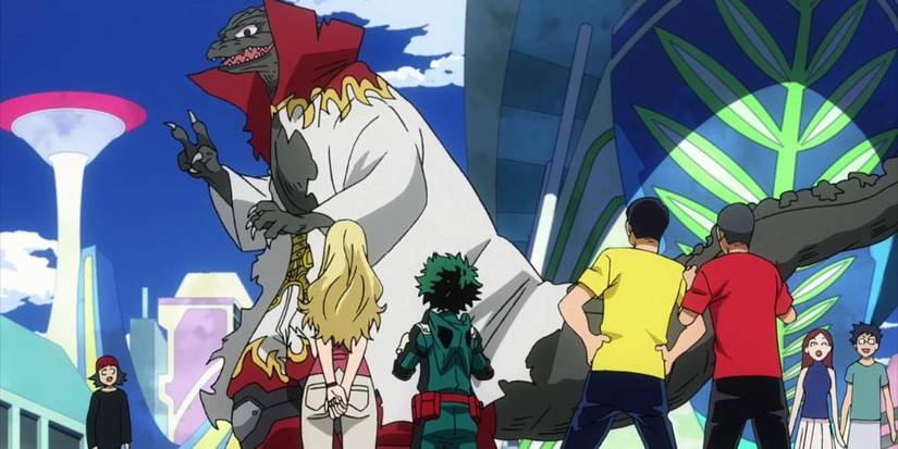 Deku and Melissa greet the Pro Hero, Godzillo.