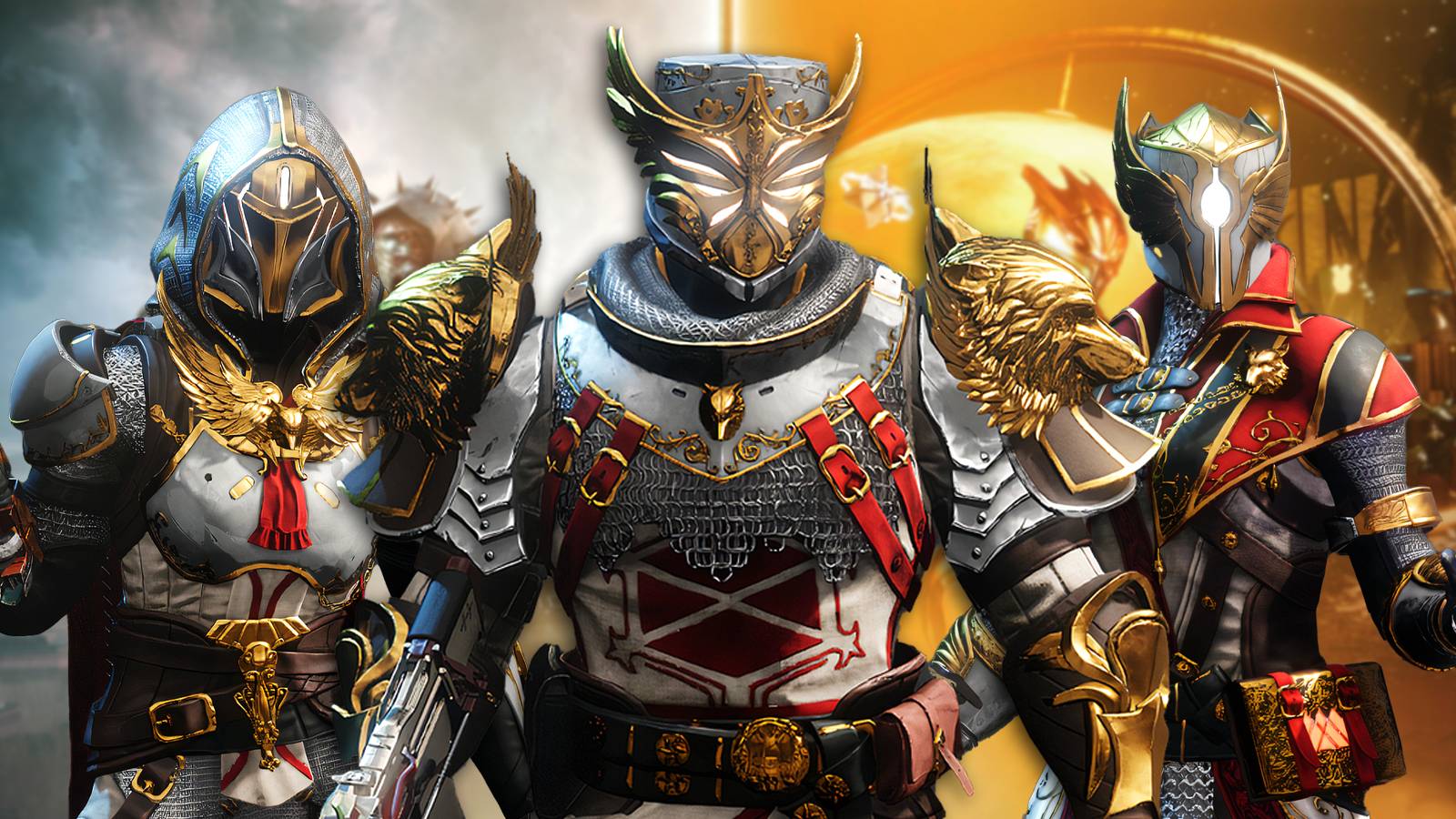 Destiny 2 Hunter Titan and Warlock wearing the Gjallarheart Armor