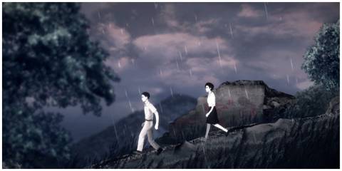 two people walking downhill in Detention 