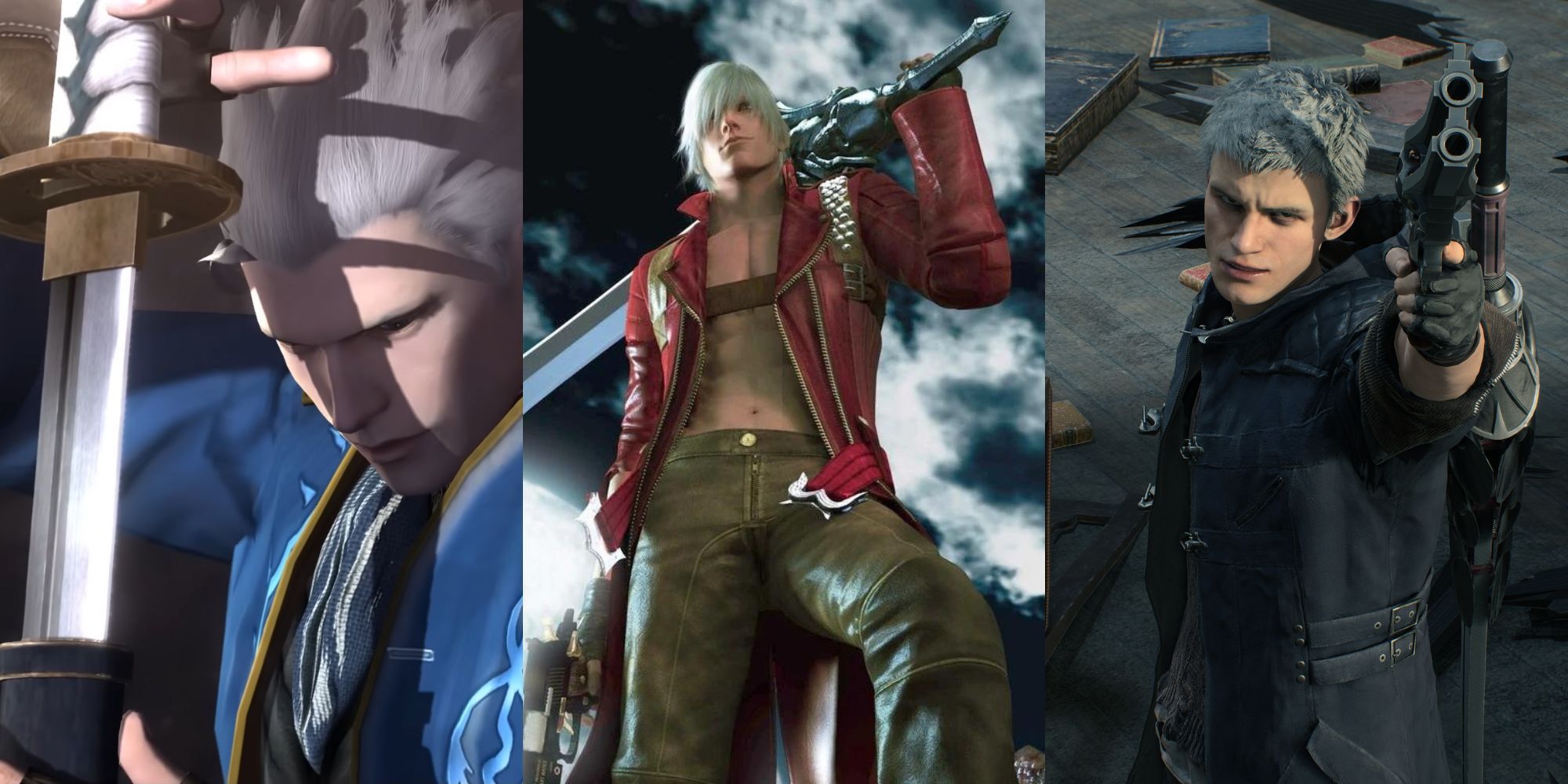 A collage of some of the best playable Devil May Cry characters: Vergil, Dante and Nero.