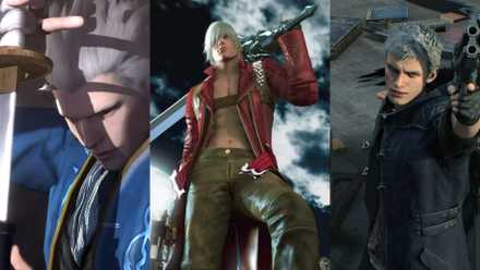 A collage of the best playable Devil May Cry characters: Vergil, Dante, and Nero.
