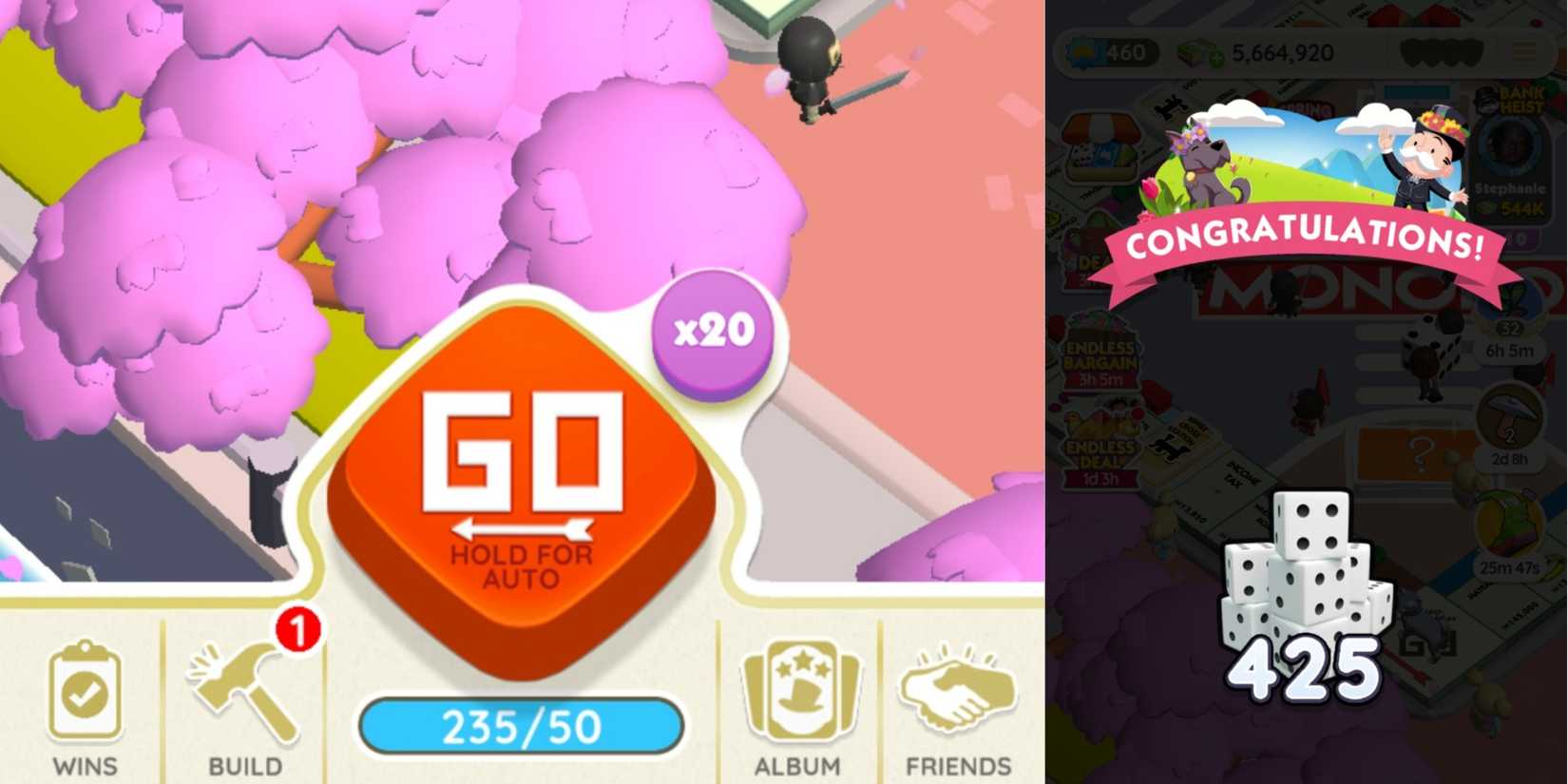 screenshots relating to dice in the game monopoly go