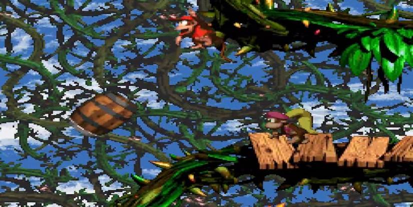 Diddy and Dixie going through the level Bramble Scramble.