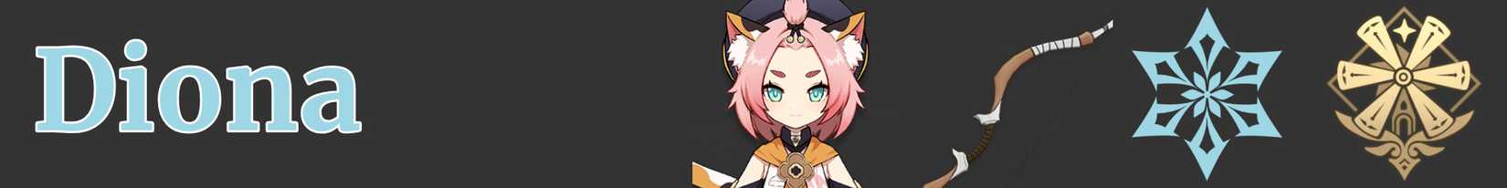 a narrow image strip with icons representing diona's weapon, element, and region - bow cryo mondstadt - genshin impact