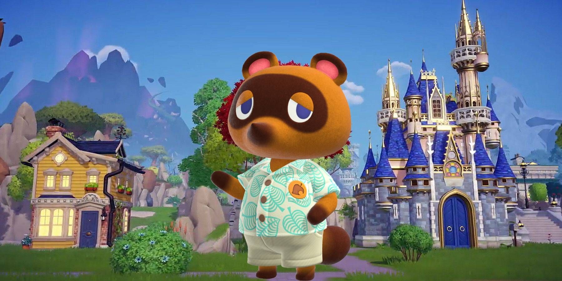 Tom Nook from Animal Crossing standing between a house and a castle in Disney Dreamlight Valley