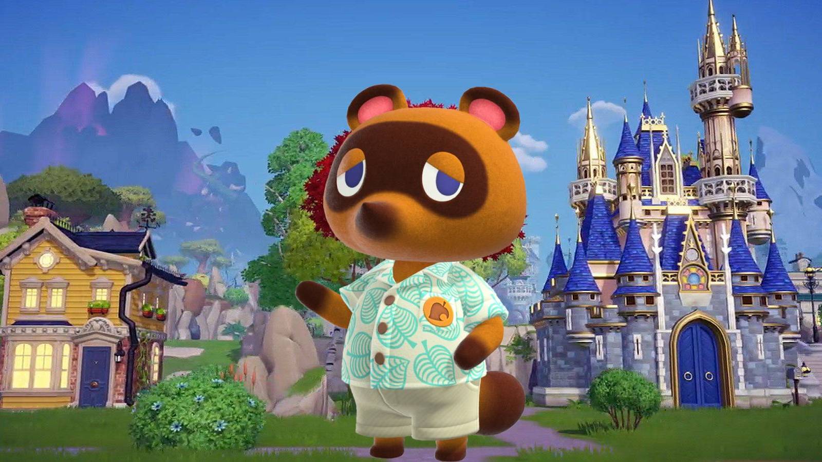 Tom Nook from Animal Crossing standing between a house and a castle in Disney Dreamlight Valley