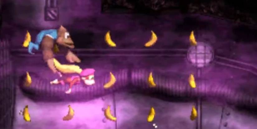 Dixie and Kiddy going through the level Poisonous Pipeline.