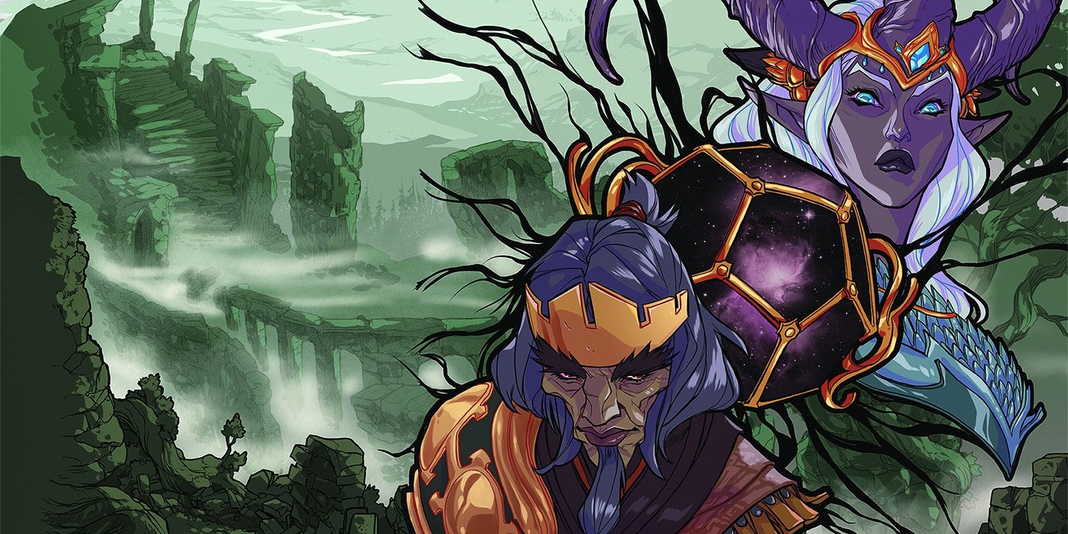 Leylas Kryn and King Dwendal in the cover art for DND Explorers Guide to Wildemount