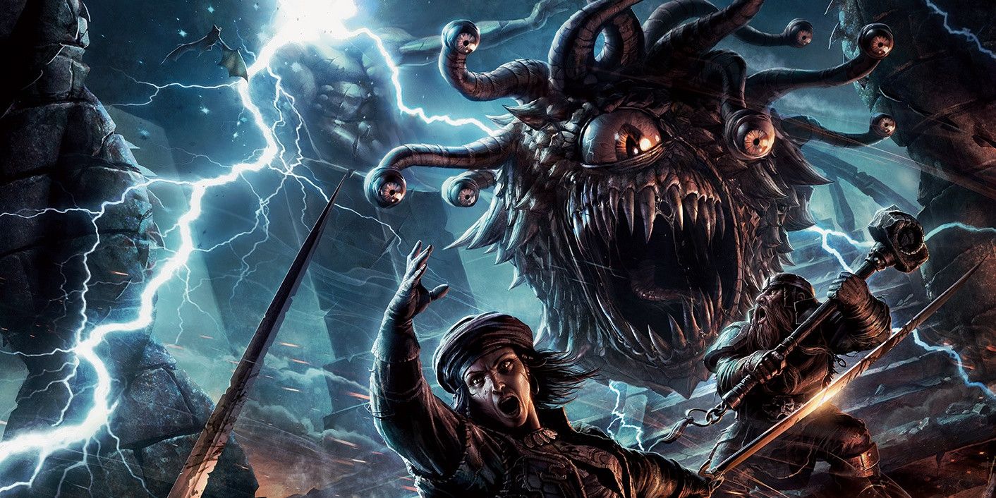 Dungeons and Dragons characters fight a beholder on the cover of the Monster Manual