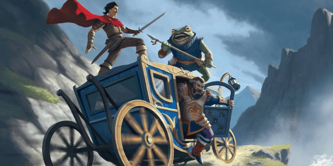 Dungeons & Dragons characters fight on top of a carriage in art from Tasha's Cauldron of Everything