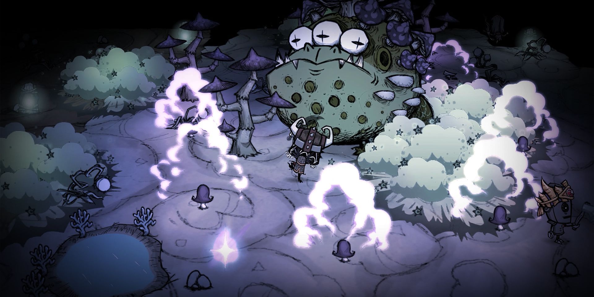 Fighting a giant frog with three eyes in Don't Starve