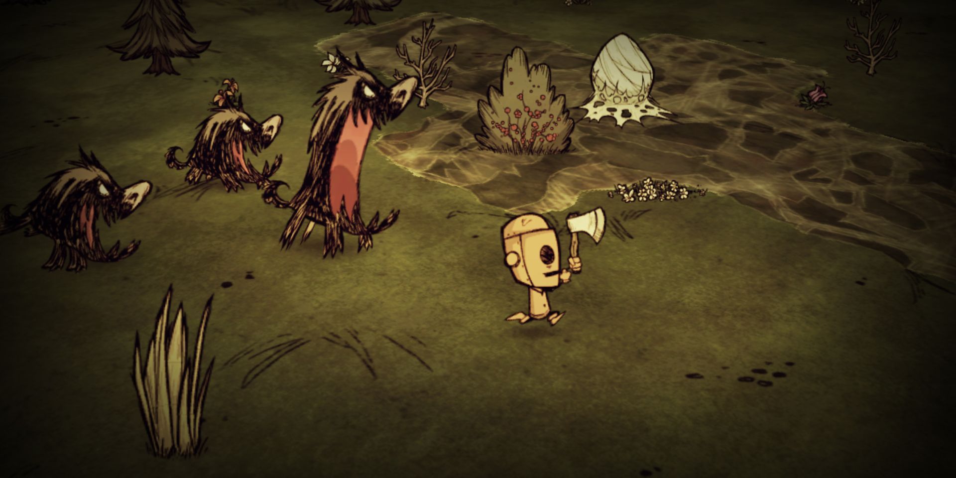 Um personagem robô fugindo de monstros em Don't Starve