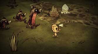 A robot character running away from monsters in Don't Starve