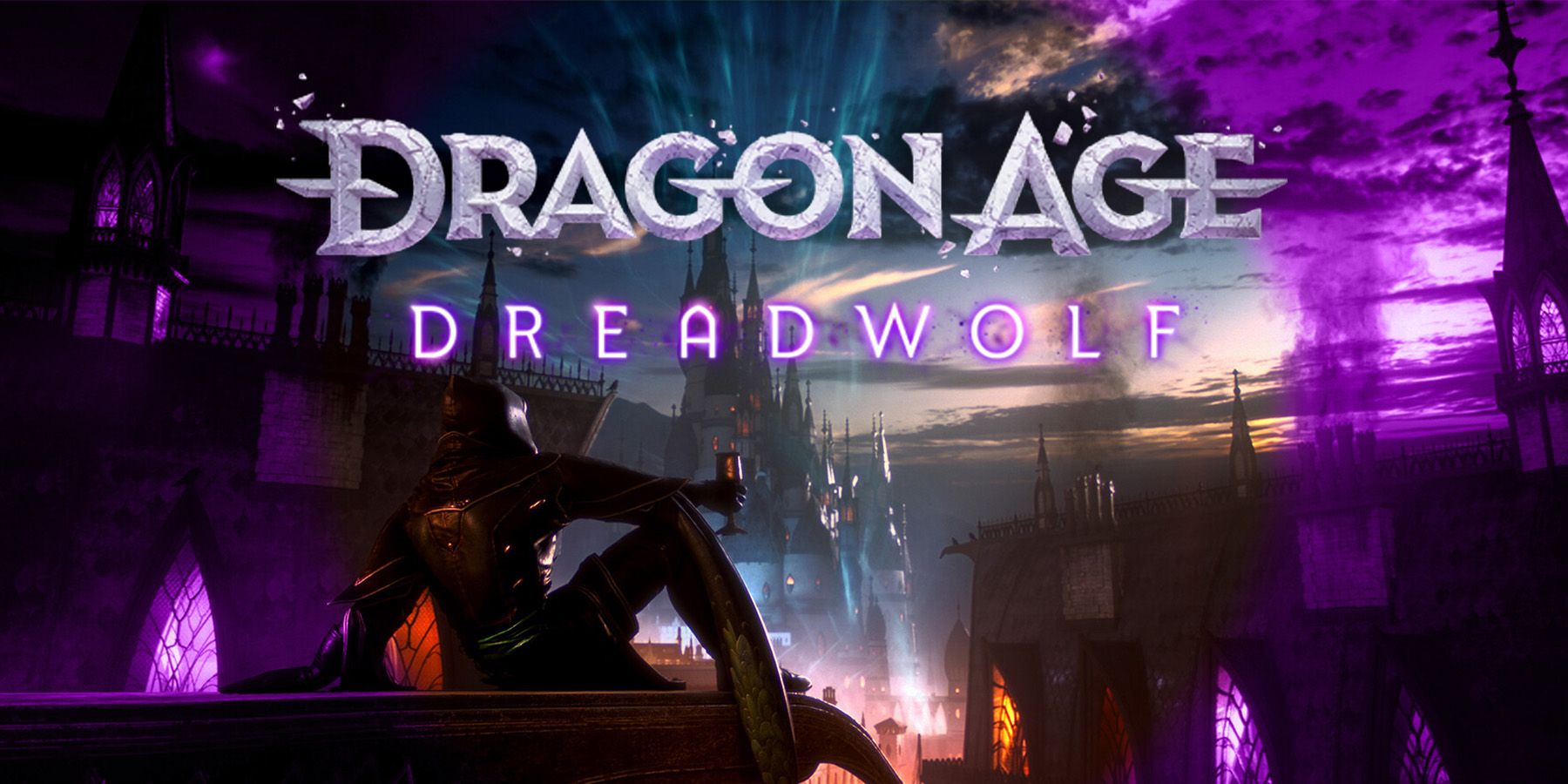 Dragon Age Dreadwolf character sitting on rooftop below game logo selective purple filter edit